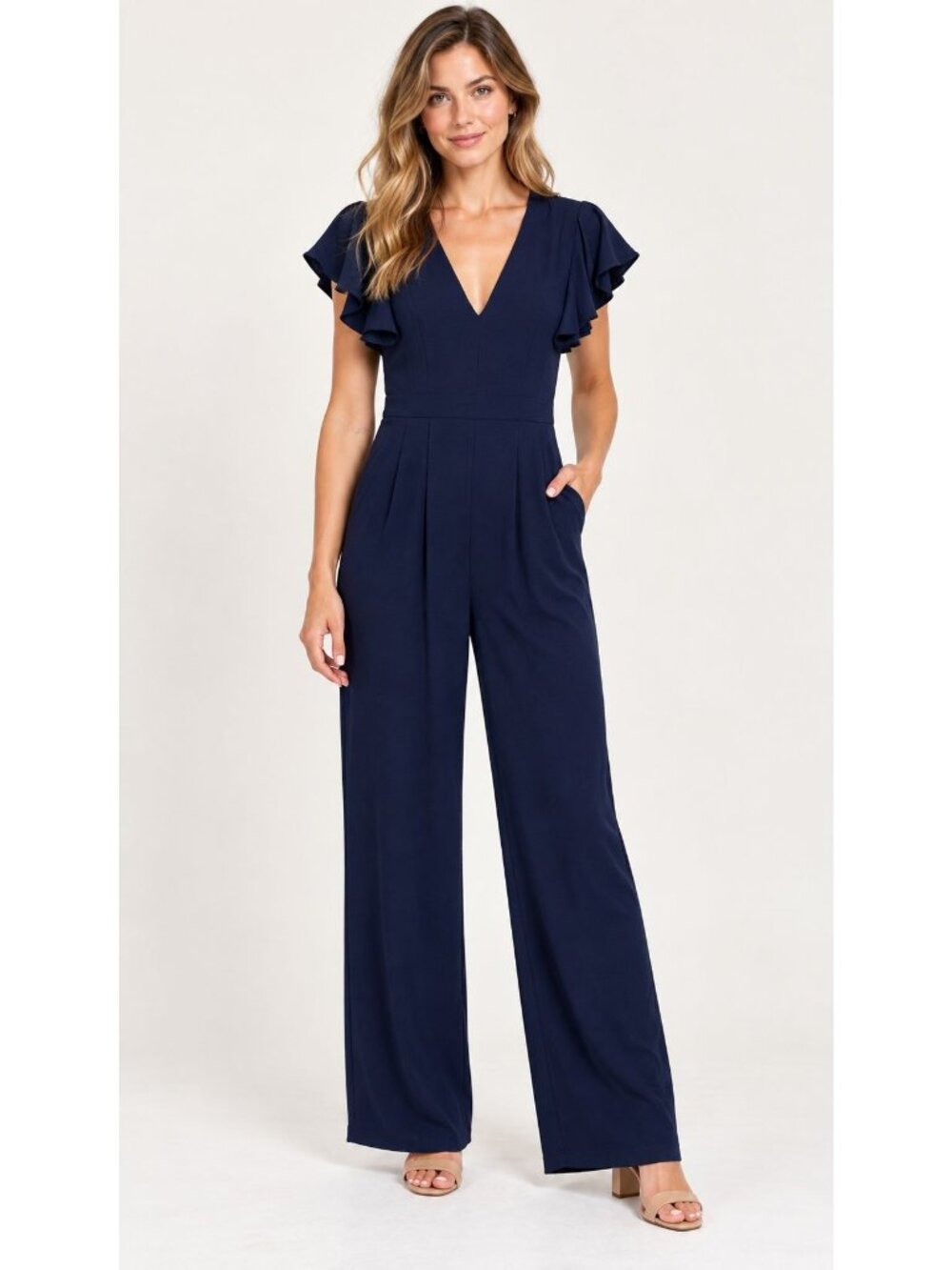 Eliza J Jumpsuit Womens 4 Navy Flutter Sleeve V Neck Pleated Wide Leg Pockets